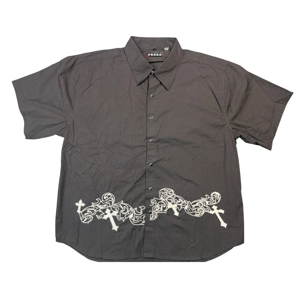 VTG Praga Mens 3XL Black Short Sleeve Button‎ Up Shirt Embroidered Cross Design
